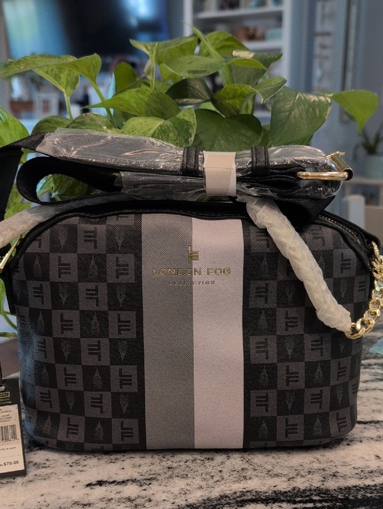 London Fog Handbags - London Fog Black and Gray Monogram Crossbody Bag